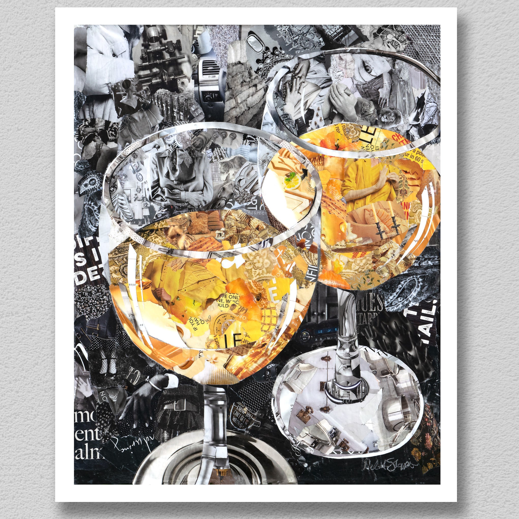 Torn paper collage of two glasses of chardonnay wine – Deborah Shapiro Art